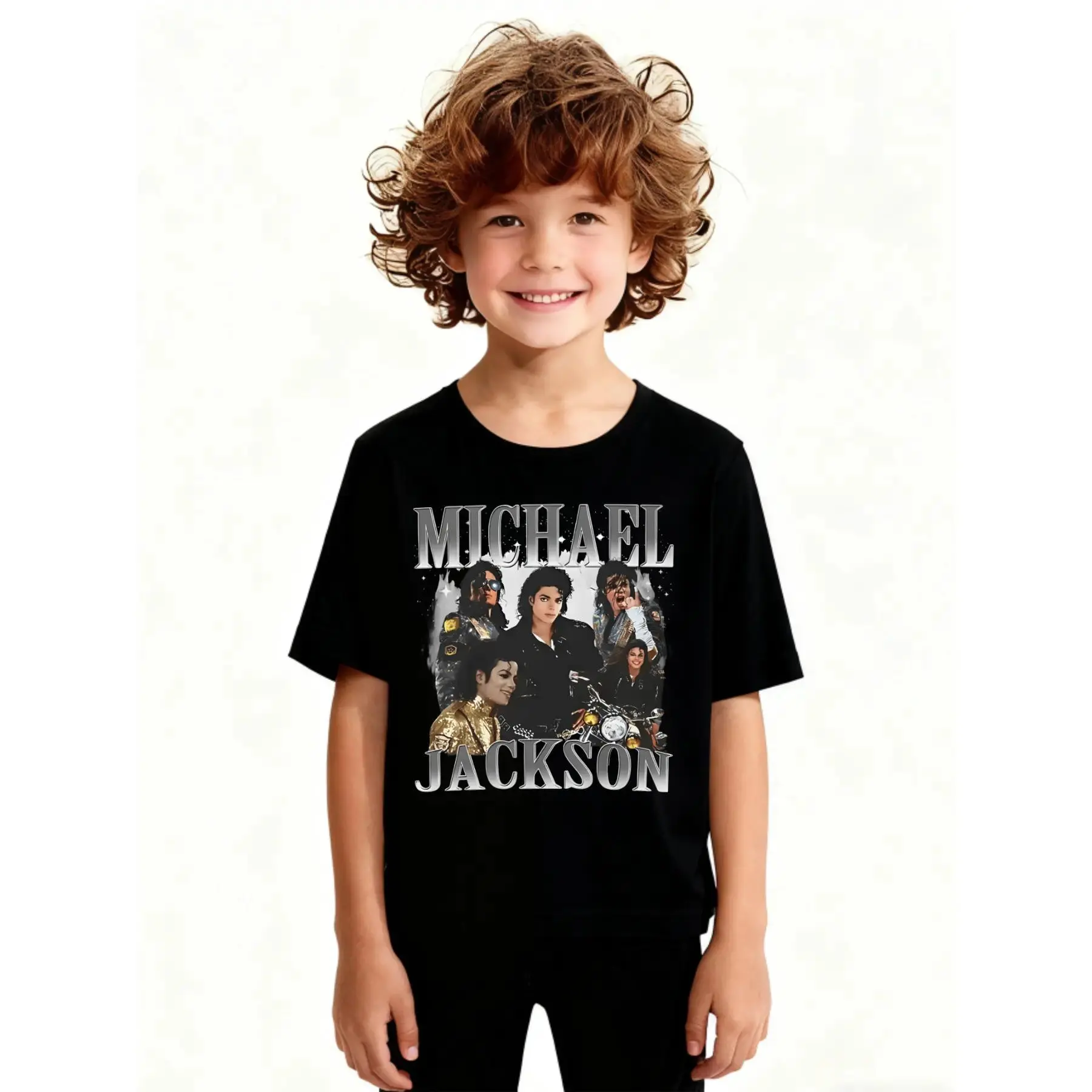 Kids Michael Jackson Vintage Collage Graphic Tee, King of Pop Silver Letter Cotton Compression Shirt, Boys Girls Soft Summer Workout Tops MJ Fan Birthday Christmas Gift