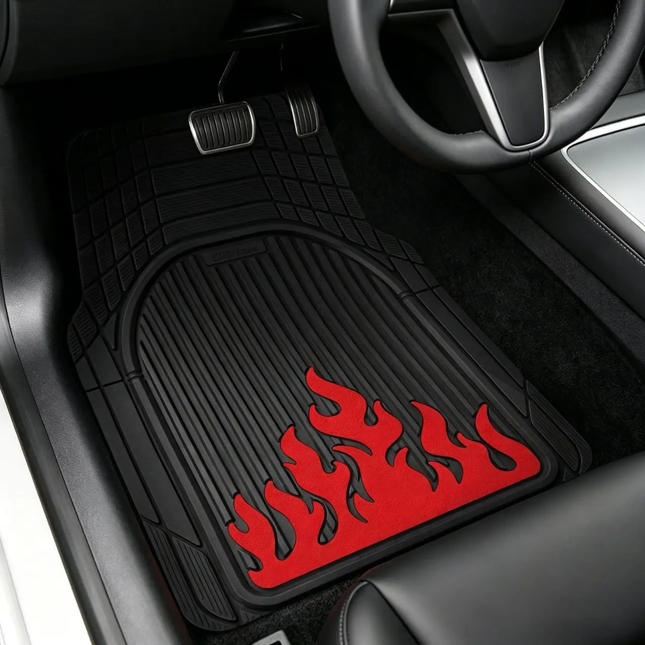Heavy Duty Rubber Car Mats Flame Design (Inferno Red), 4-Piece Deep Waterproof Floor Mats Set (Front & Rear Full Set), All Weather Universal Trim to Fit Automotive SUV Sedan Truck