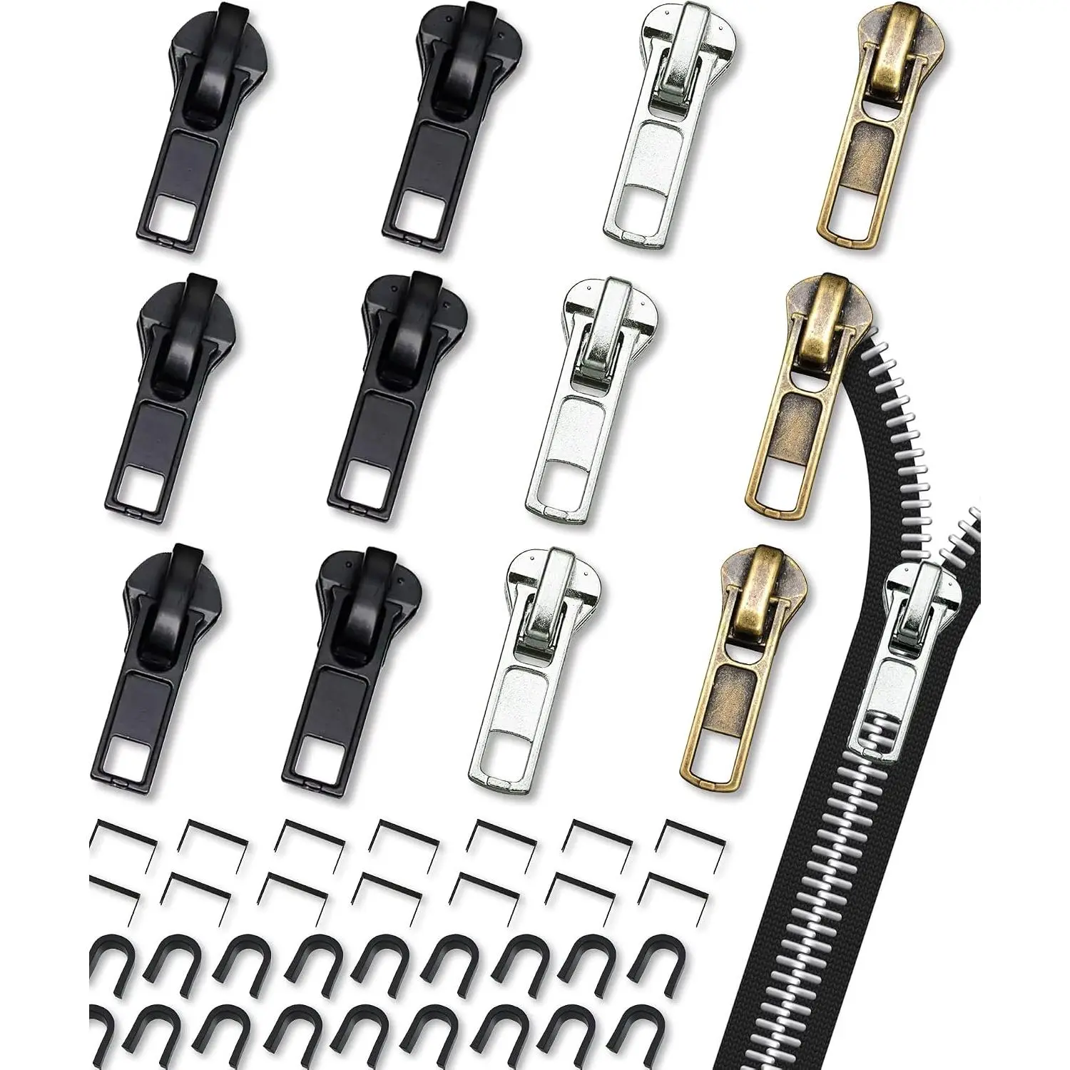 Zipper Repair Kit (52 Pcs),  #5 Zipper  Slider Kit, Zipper Pull , Zippers Fix Repair Kit for Jackets, Coats, Boot, Backpack, Hoodie, Metal, Plastic & Nylon Coil Zippers