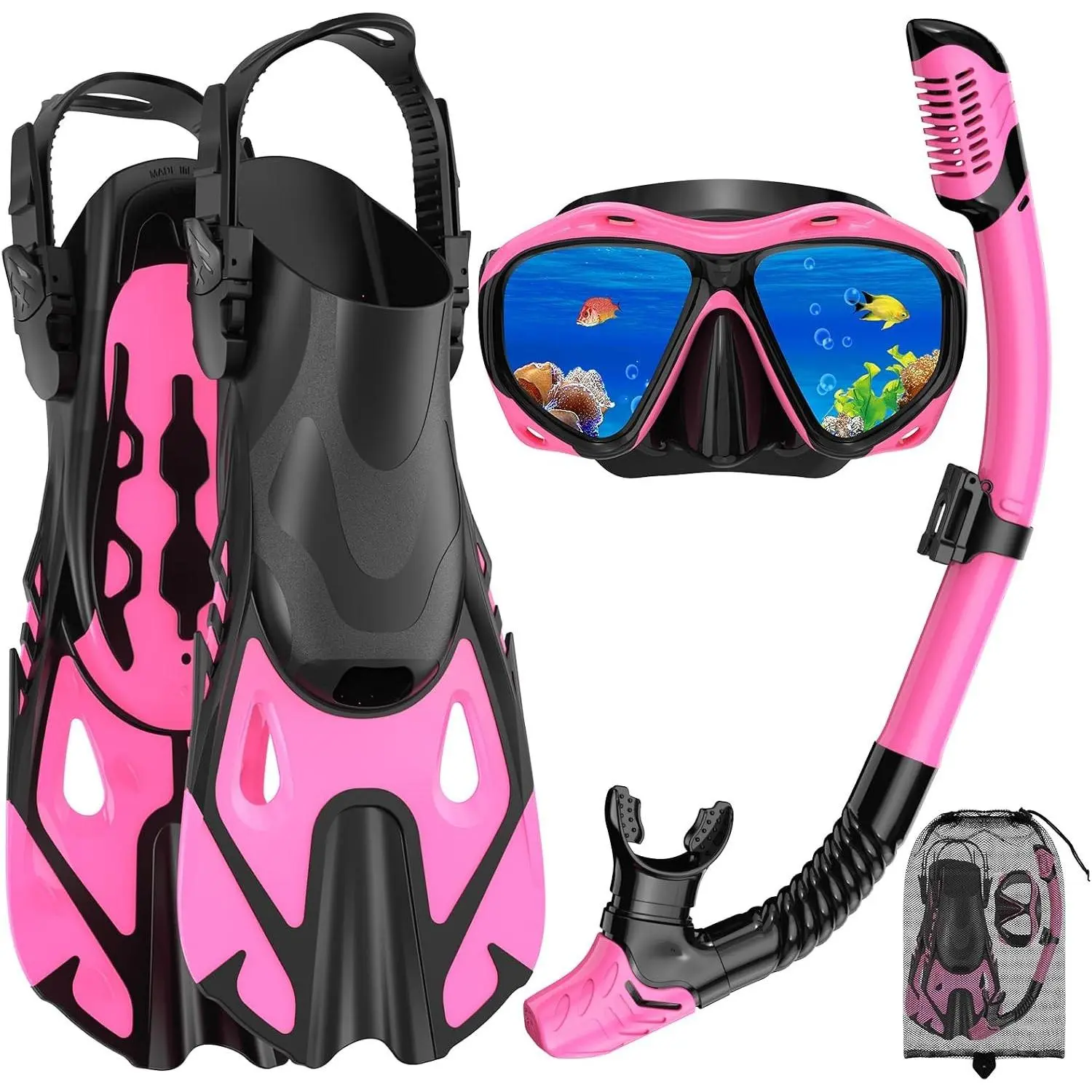 3-in-1 Snorkeling Gear for Adults, Mask Fin Snorkel Set with Dry Top Snorkel Mask, Panoramic Anti-Leak Anti-Fog Snorkeling Diving Kit Travel Package with Storage Bag