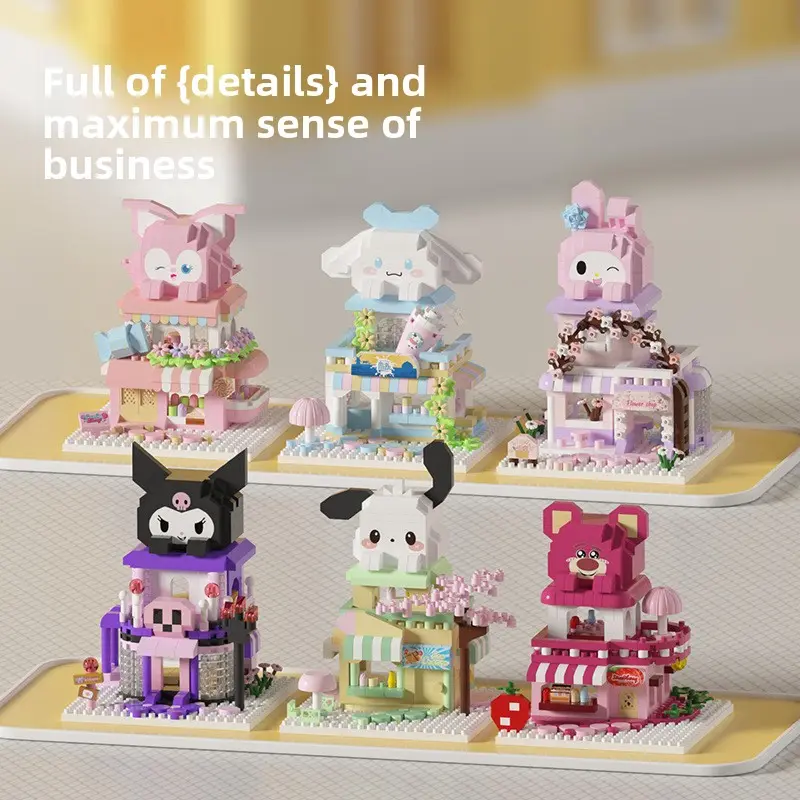 Super cute mini-block sets featuring Sanrio characters—Cinnamoroll, Kuromi, My Melody, Pompompurin, Little Twin Stars, and Hello Kitty—designed as miniature shop-style houses. Rich in detail, they are perfect as gifts, collectibles, or desktop ornaments.