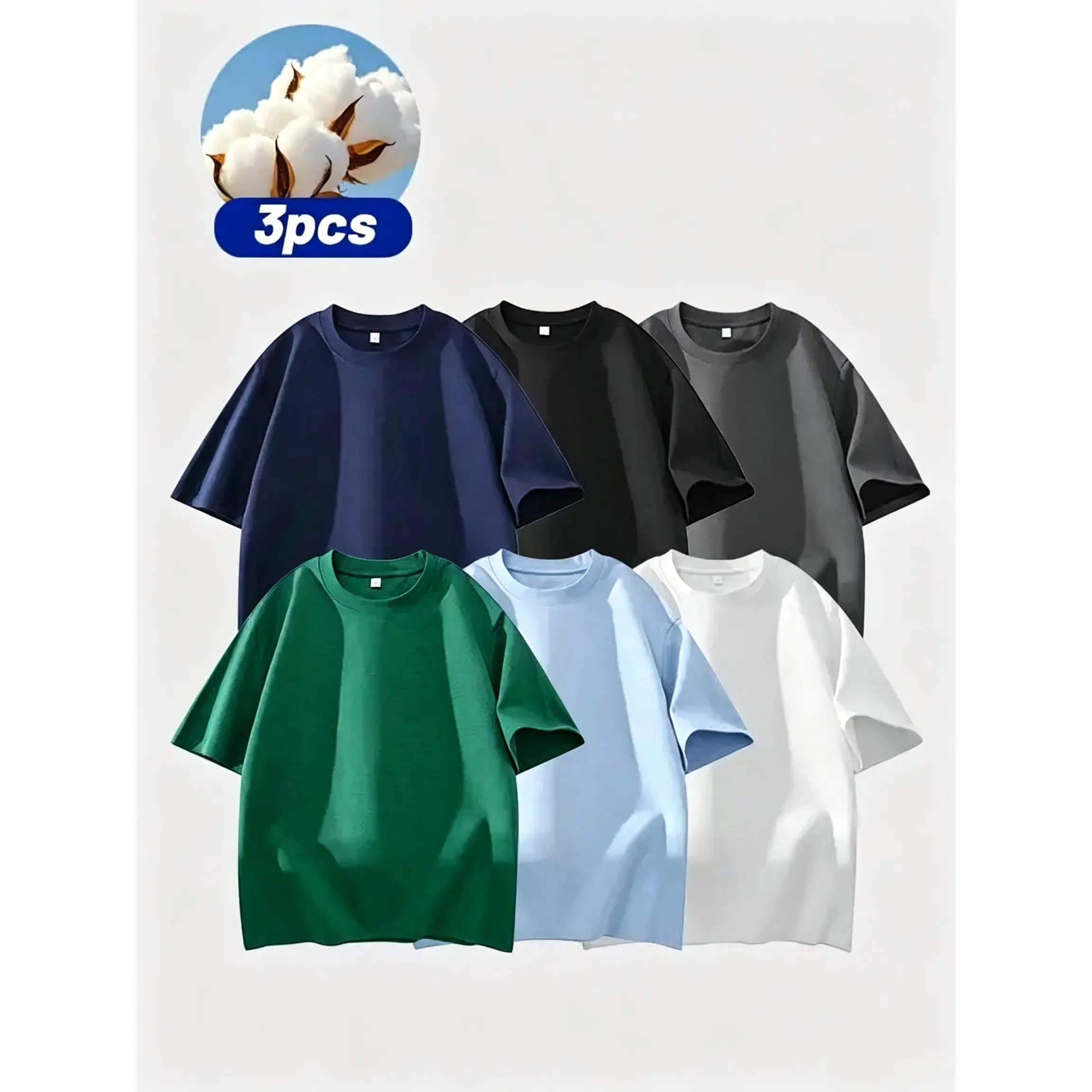 Summervibes Unisex style  3PCS 100% cotton Crew Neck T-Shirts Set - Soft Loose Fit Navy Gray Black Tees for Casual Daily Wear Crewneck Classic,100% Cotton Sports Tees