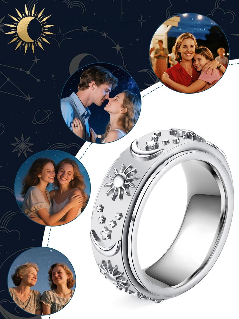 Sun & Moon & Star Design Ring, Stainless Steel Rotating Anxiety Rings, Fashion Jewelry Accessories for Men & Women