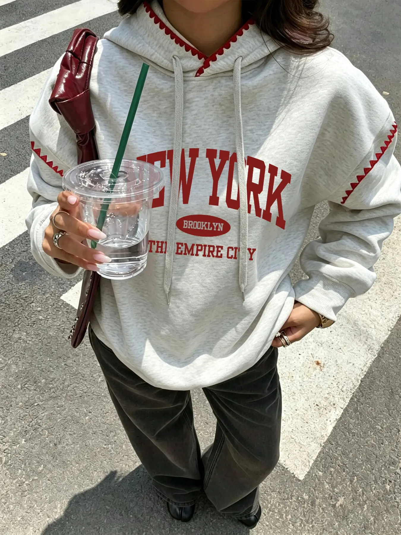 Women's Casual Retro Patchwork Hooded Top, New York Letter Print, Soft Comfortable Fabric, Perfect for Daily Wear, Fall & Winter Style
