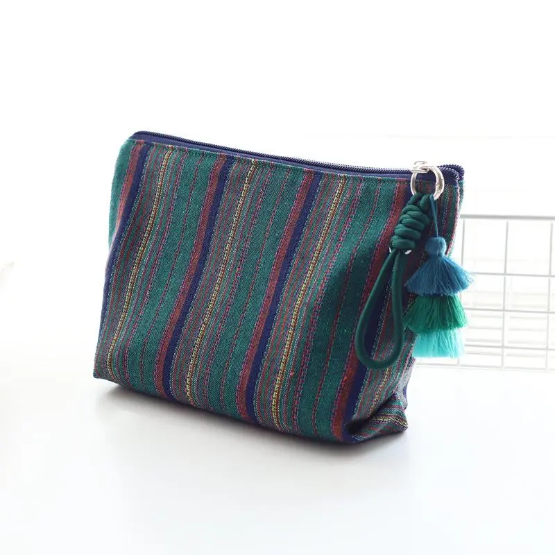 Chinese-style Colorful Striped Tassel Handheld Ethnic Fashion Fabric Zipper Makeup Bag for Women Travel Storage Large Capacity