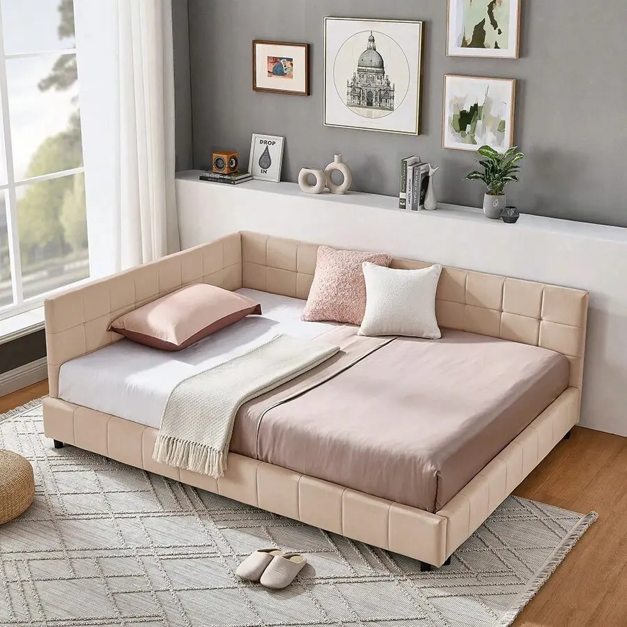 Full L-Shape Corner Bed Frame, Velvet Upholstered Tufted Daybed With Slat, Floor Platform Bed With Soft Headboard Bedroom Nook, No Box Needed, Pink
