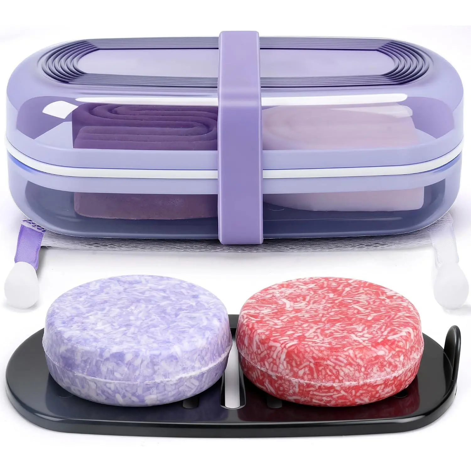 Shampoo Bar Holder and Soap Case, Leakproof Travel Container with Lid & Drain Tray, Includes Silicone Strap and Soap Bag, Compatible with Solid Shampoo & Conditioner Bars(Grape Purple, Large)