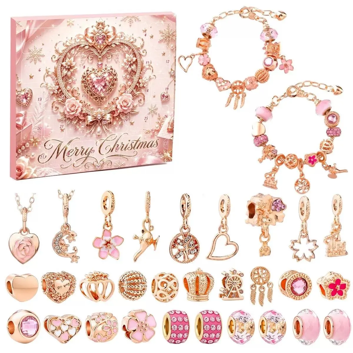 1 Set Christmas Jewelry Advent Calendar, 31Pcs Pink Gold DIY Charm Making Kit, Includes 2 Bracelets & 2 Necklaces, Xmas Surprise Blind Box Gift for Women