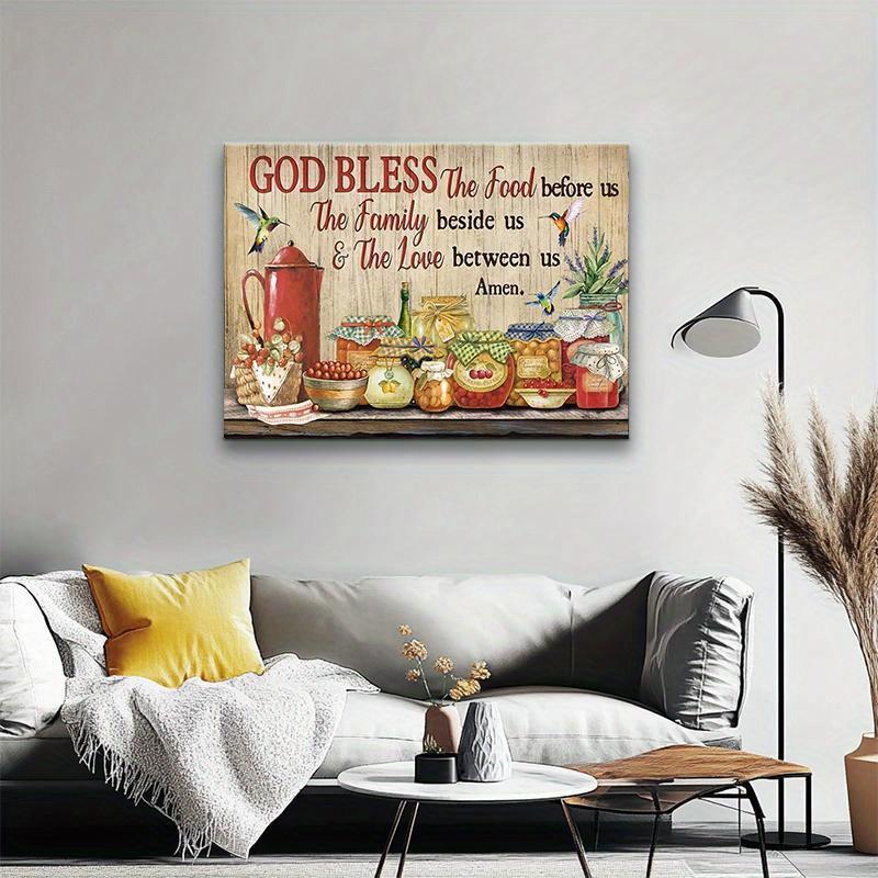 Framed Canvas Wall Art - God Bless the Food Family & Love Inspirational Print with Hummingbirds, Rustic Kitchen Decor for Dining Room, Home Office, Living Room - Classic Art Deco Framed Canvas Artwork, Large Canvas Wall Art, Office Artwork,