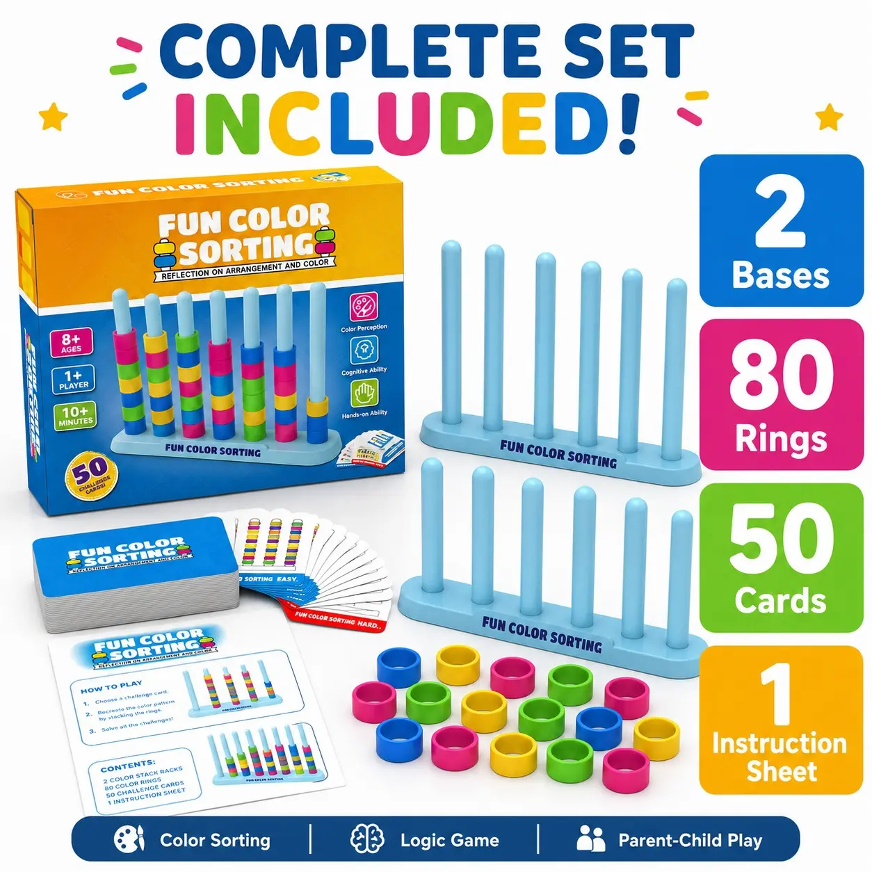 Color Stack Challenge Game for Kids, Color Sorting Stacking Race Toy with 2 Stack Racks, 80 Color Rings & 50 Cards, Fast Matching Puzzle Board Game, Montessori STEM Gift for Family Party Travel