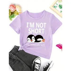 Girls Letter "I'M NOT SHORT" And Penguin Graphic T-Shirt Casual Round Neck Tees Top Teen Kids Summer Clothes