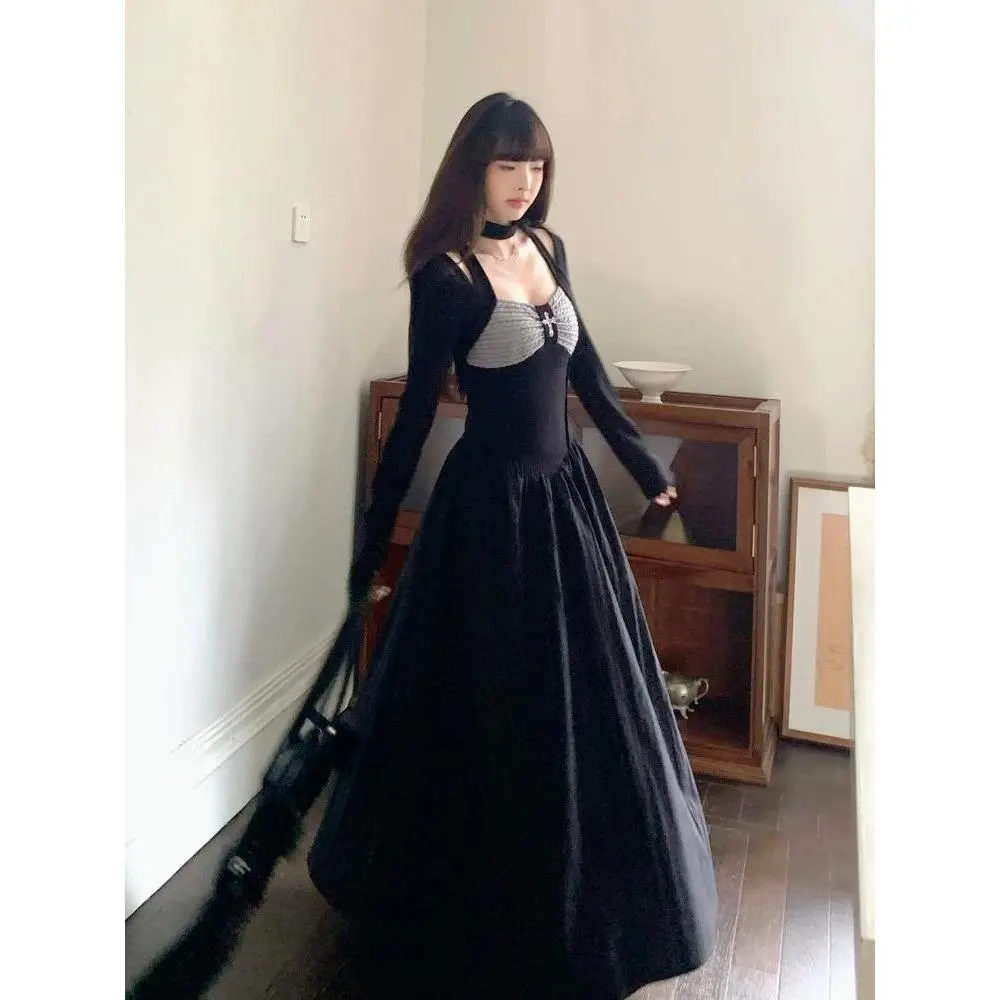 Gothic Vintage Black Midi Dress Harajuku Korean Fashion Slim Party Dress French Elegant Long Sleee Patchwork Dress Woman