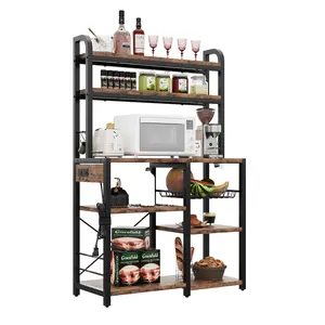 5-Tier Kitchen Bakers Rack with Built-In Power Outlet and Wire Basket, Microwave Stand, Coffee Station, and Open Shelving for Spices, Cups, and Pots