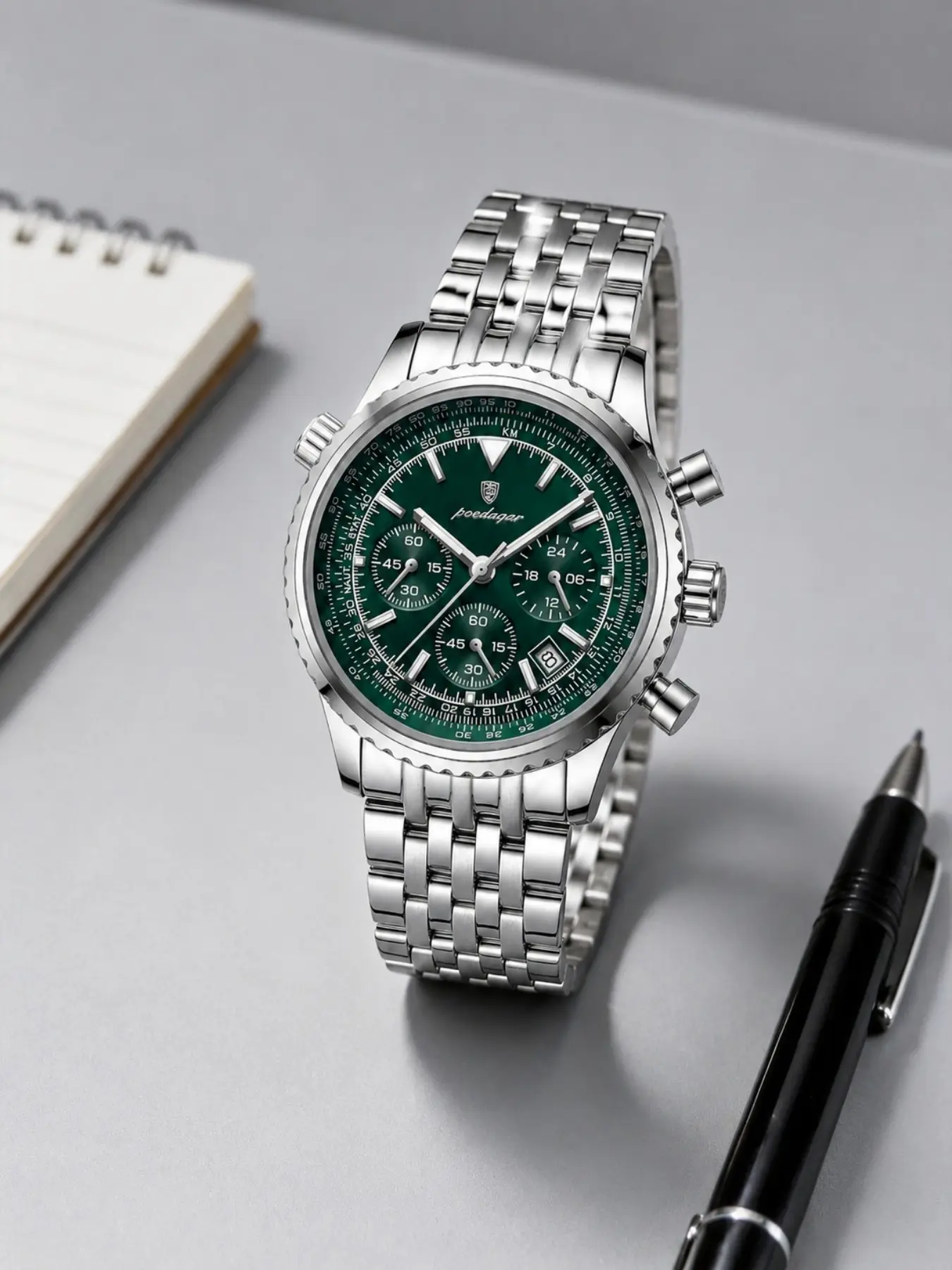 Mens Silver Chronograph Quartz Watch Brushed Steel Tachymeter Bezel Dark Green Racing Dial Luminous Index Single Date Solid Steel Bracelet 30M Waterproof Sport Wristwatch Gift For Men