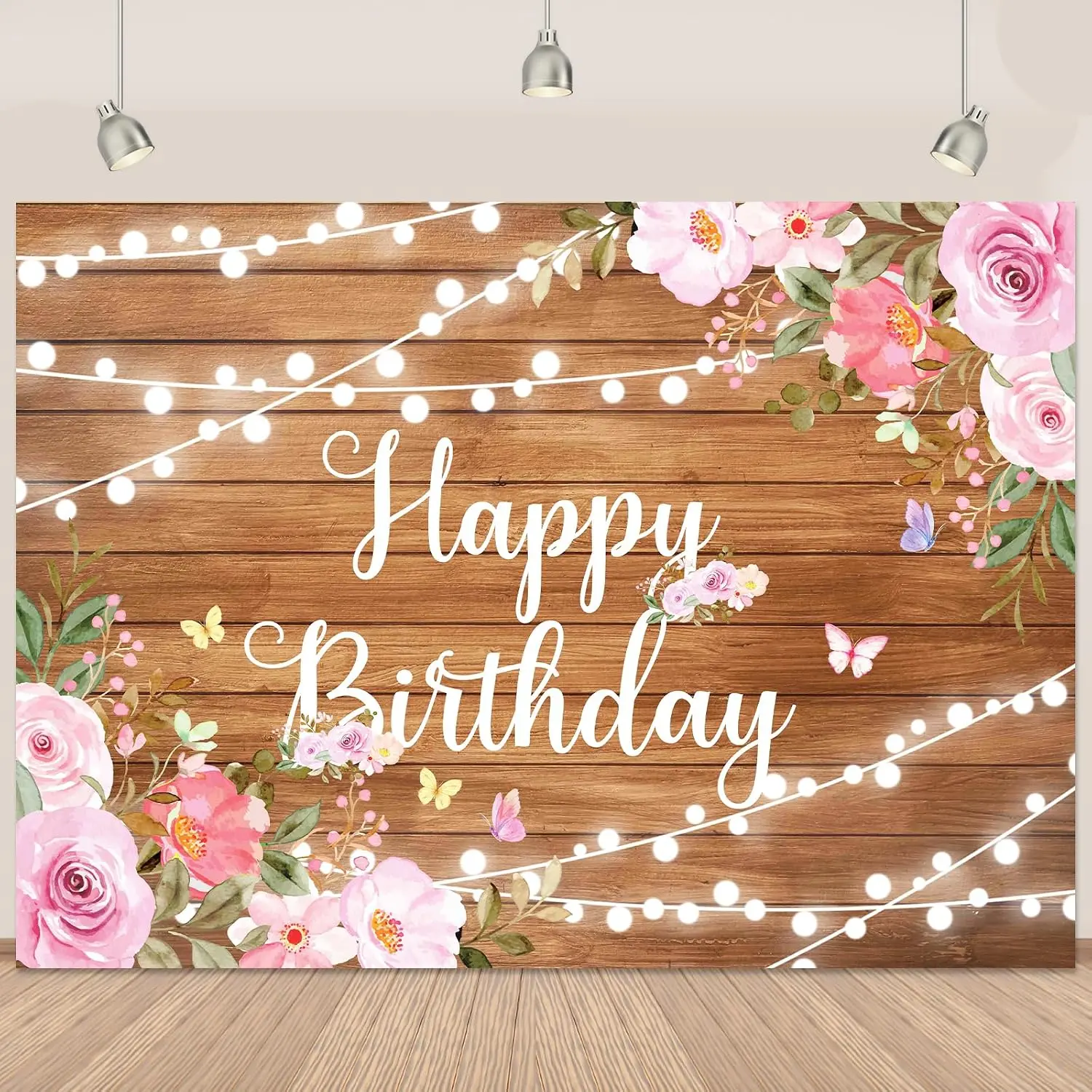 Happy Birthday Backdrop for Women 7X5ft Rustic Wooden Butterfly Happy Birthday Banner Decorations Glitter Lights  Floral Party Decoration Background for 20th 30th Women Girl (84x60 inch)