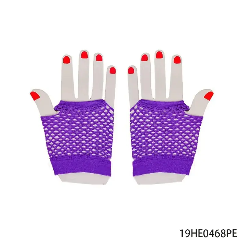 Purple Short Fishnet Gloves, Punk Half-Finger Mesh Wrist Cuffs