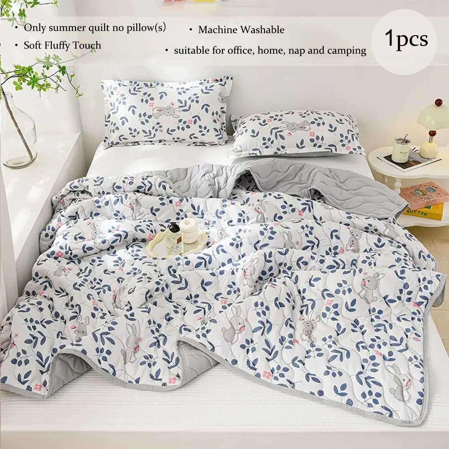 1pc Cartoon Leaf Bunny Quilted All Season Quilt, Reversible Soft Lightweight Breathable Thin Comforter, Cute Botanical Print Throw Blanket for Bedroom Couch Nap, Multiple Sizes (Only Quilt, No Pillowcases Included)