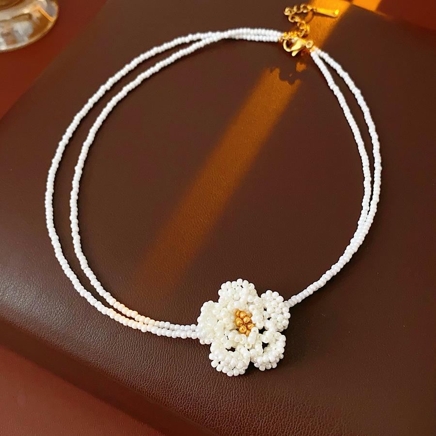 French Elegant Glass Bead Flower Earrings and Necklace Set, Perfect Gift for Daily Wear, Engagement Parties, Holidays