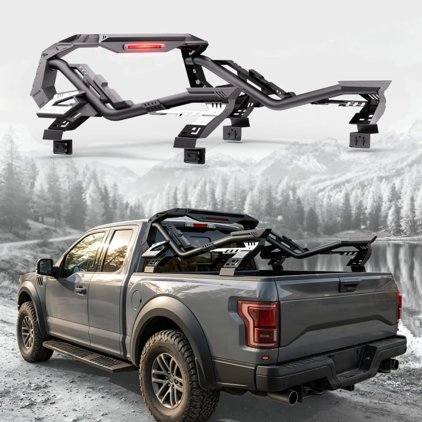 Carbon Steel Adjustable Roll Bar Chase Rack with LED Lights, 56-64" Size Range, Metal Load Support for F150 Silverado Ram Tacoma Pickup Trucks