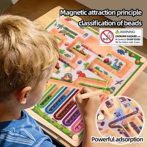 Magnetic Bead Maze Wooden Toy, Dinosaur & Construction Truck Color Sorting Game, Montessori Fine Motor Skill Development, Gift for Kids 3-6 Years