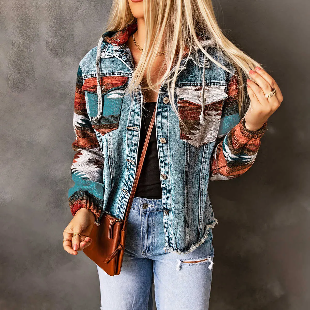 Women's Cotton Blend Denim Jacket, Boho Western Style with Hood, Aztec Print Contrast Long Sleeves, Frayed Hem, Tops, Polyester, Fabric, Pocket, Coats, Comfortable, Button, Casual, Fit