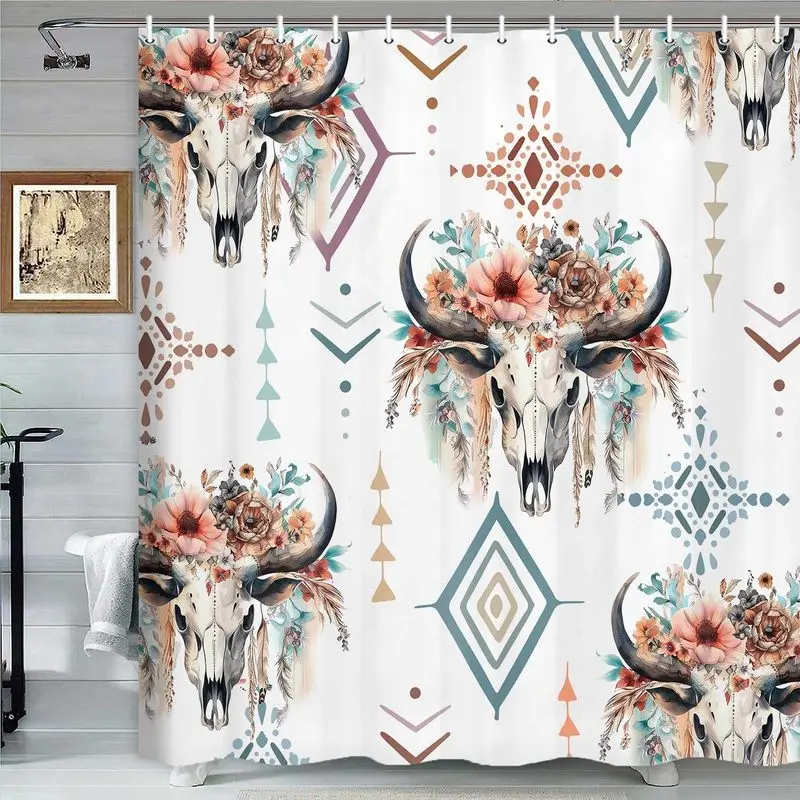 Western Cow Skull Aesthetic Shower Curtain with Watercolor Floral Feathers & Geometric Aztec Pattern, Rustic Southwestern Desert Tribal Bathroom Decor for Guest Master Bath, White & Teal, 72x72 Inches