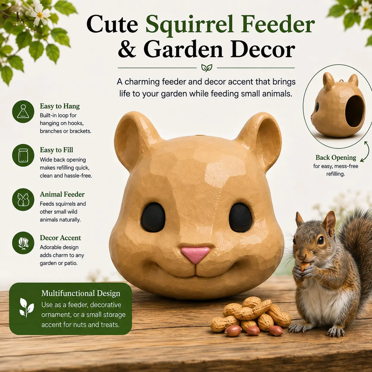 Squirrel Head Feeder, Funny Animal Face Hanging Feeder for Outdoor Garden, Big Mask Style Wildlife Feeding Station, Easy-Fill Backyard Decor
