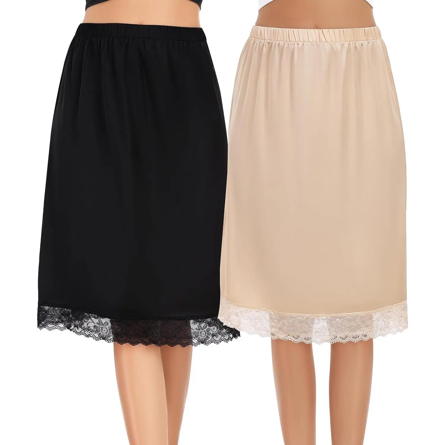 2 Pieces Half Slips for Women Long Underskirt Anti Static Satin Under Skirt with Lace Trim Slip for Skirts Dress S-3XL