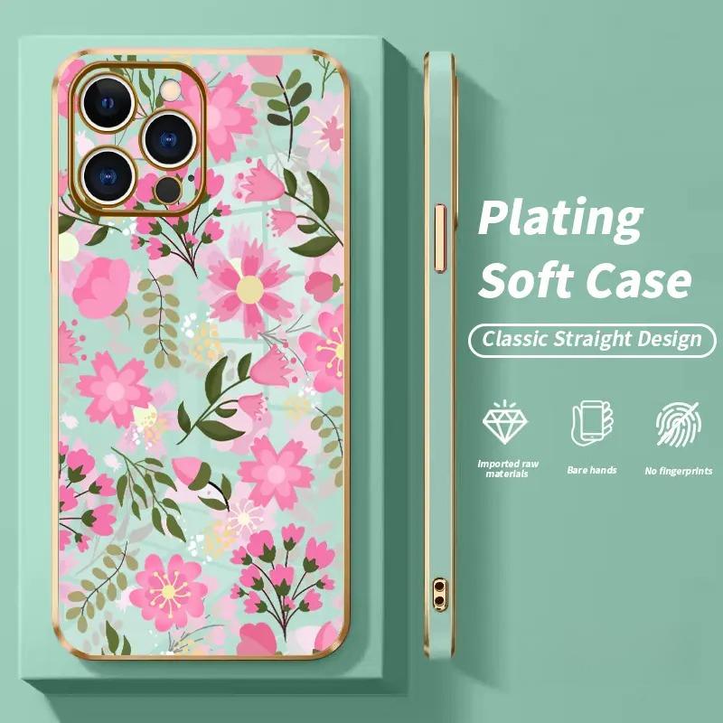 Phone Case  Floral Delight Dream Luxury Golden Edge Elecroplated TPU Camera Lens Protection Shockproof Phone Cover Gift Smartphone Casing for iPhone 17 15 Pro Max 16 14 Plus 13 12 Pro Max