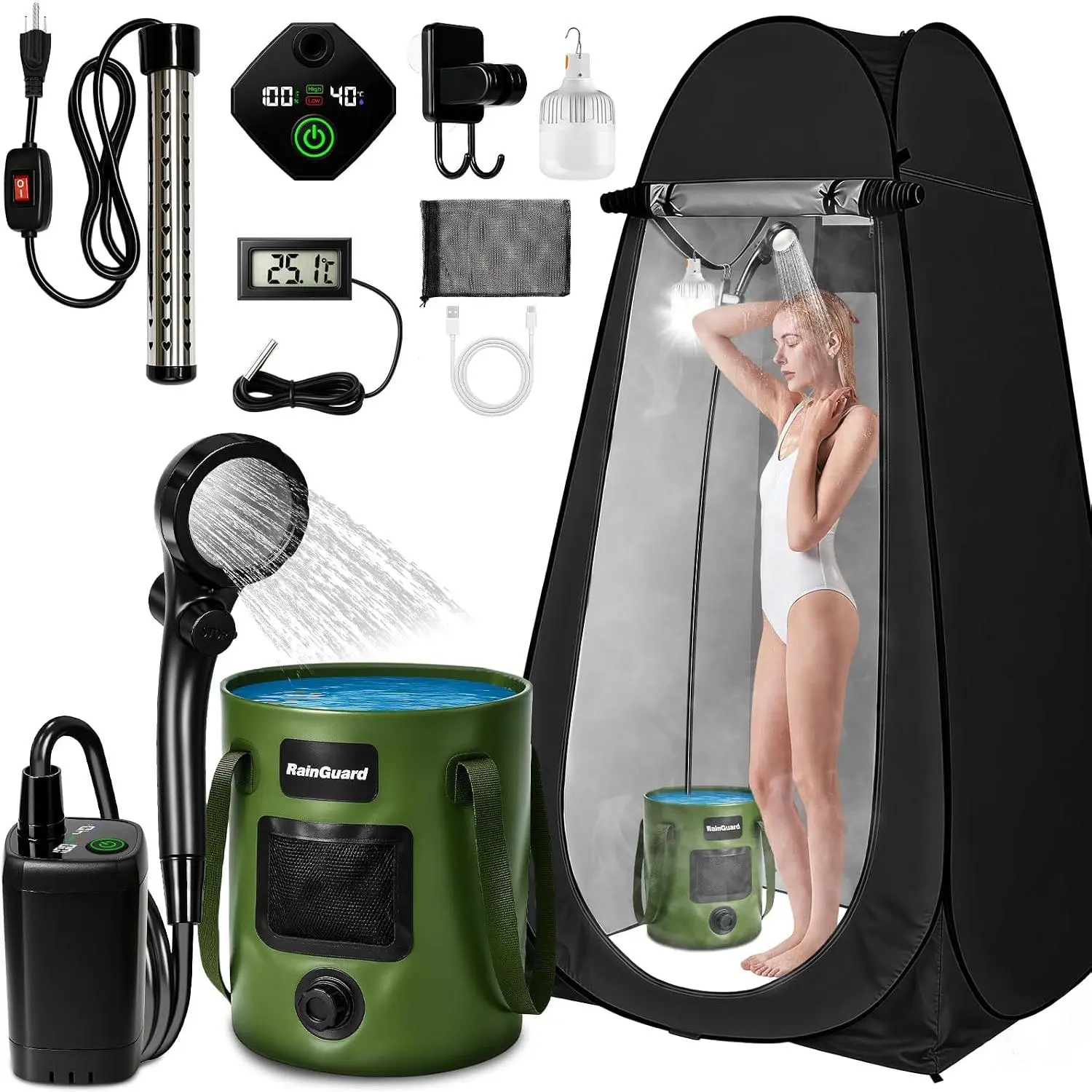 Portable Shower with Heater, Pop Up Camping Shower Privacy Tent Kit with LED Lights, 6000mAh Rechargeable Shower Pump, 6.6 Gal Foldable Bucket, Outdoor Camp Shower Kit for Travel, Pet Bath, Car Wash