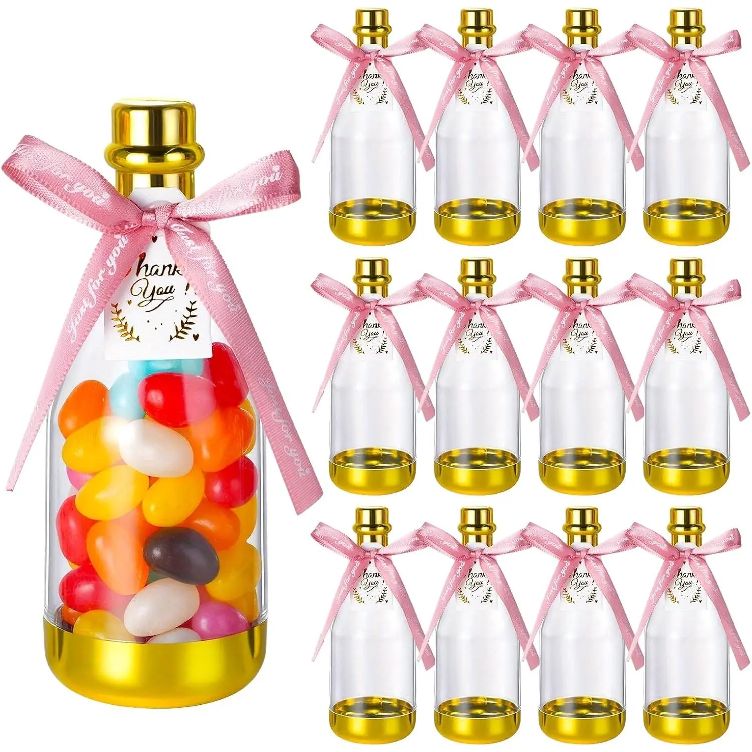 12 Pack Golden Mini Champagne Bottles with  Bows & Thank You Tags Plastic Mini Champagne Candy Bottles Candy Jar Party Favor Containers for Bridal Shower Wedding Birthday