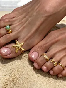 5-Piece Beach Vacation Style Starfish Shell Toe Rings Set, Creative Gemstone Stackable Open-Toe Ring Set, Fashion Jewelry for Women
