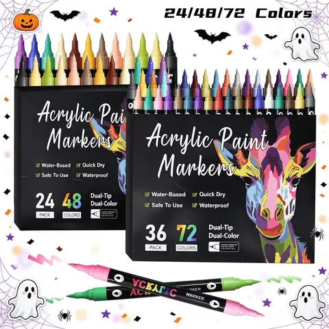Acrylic Paint Marker Pen Set, 12/24/36pcs Double Tip Double Color Acrylic Paint Marker Pen, Art Supplies, Art Craft Supplies, Arts And Crafts Supplies, Art Materials, for Rock Painting, Wood, Canvas, Stone, Glass, Christmas Gift, Acrylic Markers
