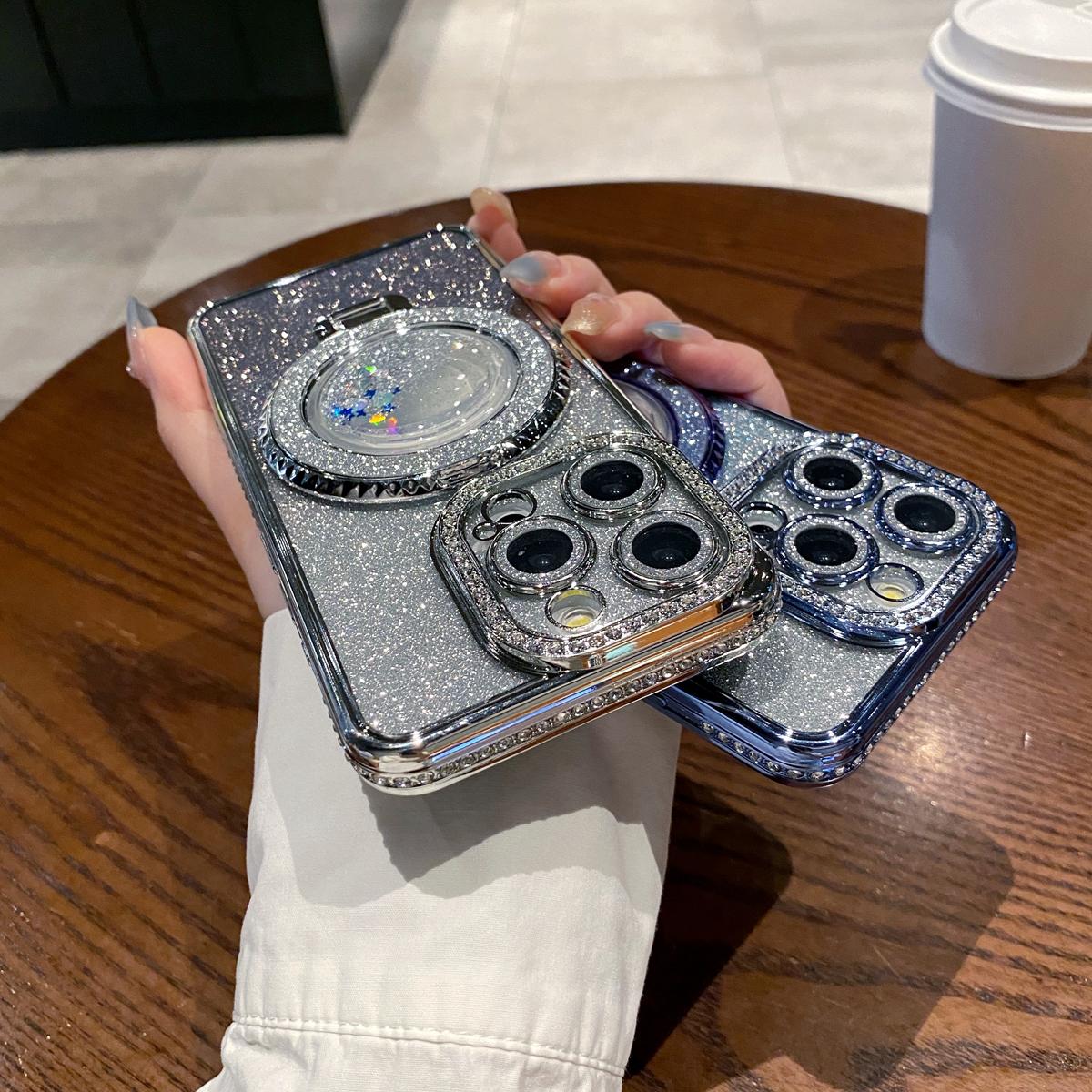 OREKROY Glitter Kickstand Case for iPhone 16 15 Pro Max 16 Plus 15/14/13/12, Luxury Bling Sparkly Diamond Rhinestones with Camera Protector Liquid Flowing Ring Stand TPU Bumper Women Girls Case Gift