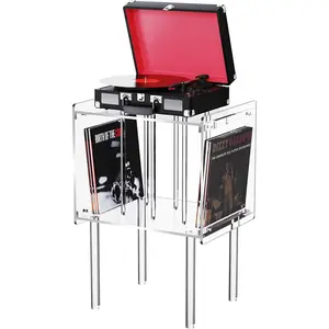 Solaround Clear Acrylic Record Player Stand | Audiophile-Grade Turntable Table with Vinyl Storage | Anti-Vibration Side Table for Collectors