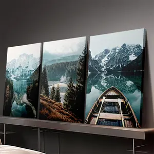 3-piece set of Nordic natural landscape paintings, Scandinavian forest, lake, boat, mountain art aesthetic canvas prints, suitable for living room decoration, bedroom decoration, office decoration, framed