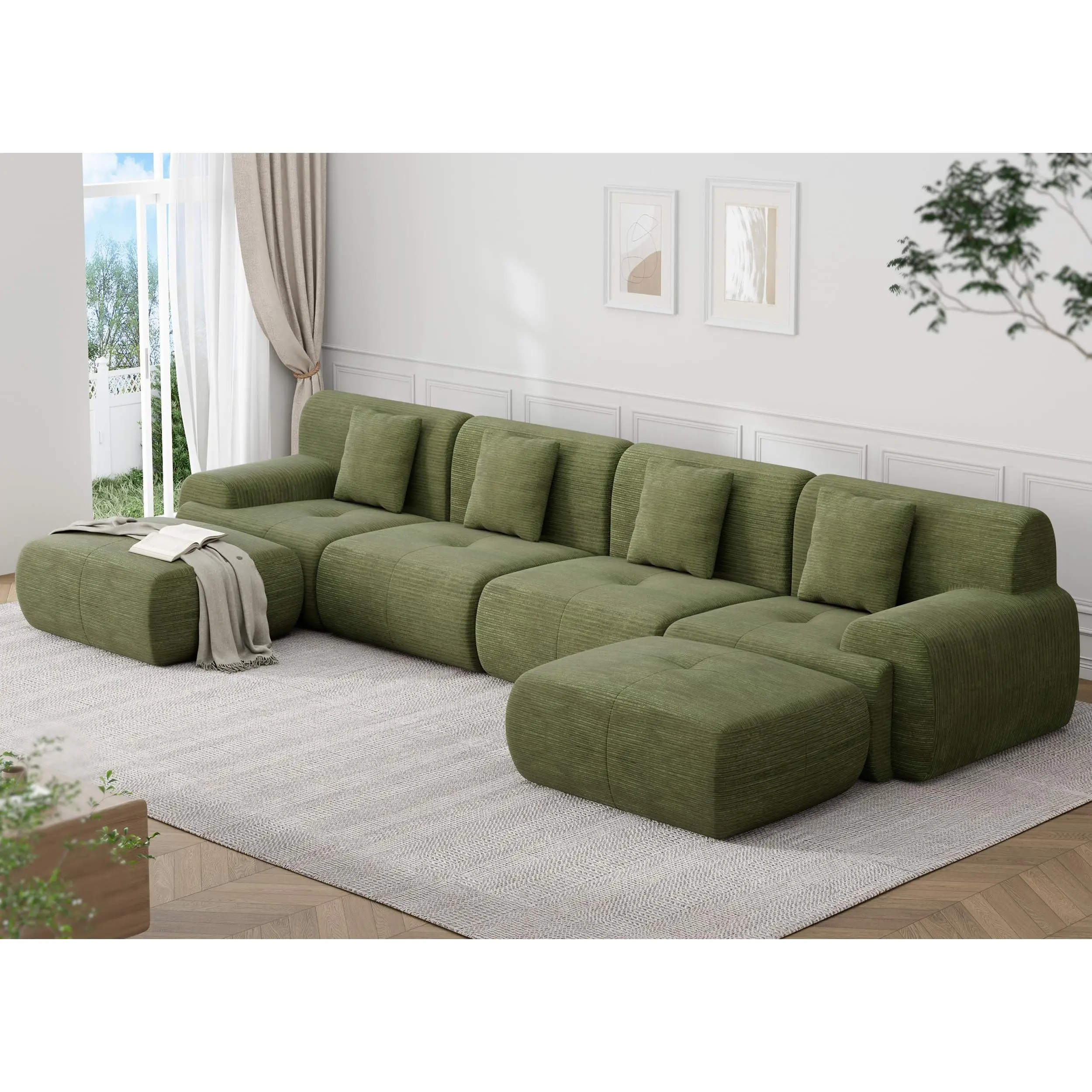 U Shaped Sectional Couch, Modular Cloud Sofa with Corduroy Fabric, Boneless Sectional Sofa for Living Room