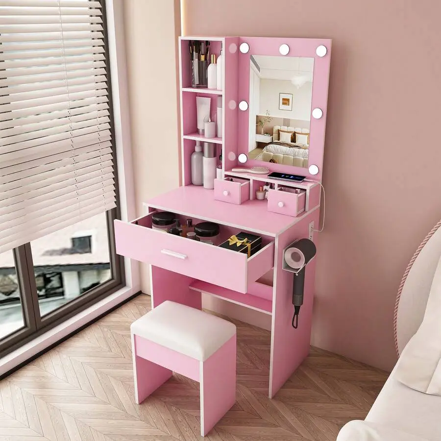 Pink Vanity Table With LED Lighted Mirror & Padded Stool, 3 Color Dimmable LED Makeup Dressing Desk With-In Power Outlet & Hair Dryer Holder, Multi Drawer Open Storage Compact Makeup Vanity Set Small Bedroom, Gift Option Girls Women