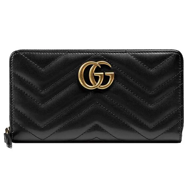 Gucci GG Marmont Distressed Gold Logo Quilted Faux Leather Long Wallet for Women in Black