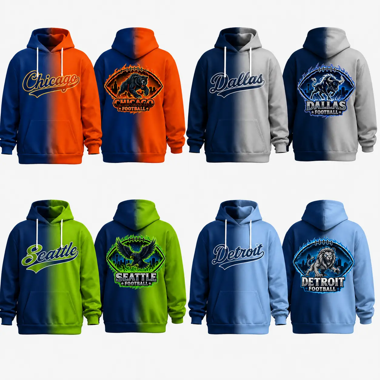 Sporty City Football Graphic Gradient Hoodie, Game Day Front Kangaroo Pocket Pullover Sweatshirt, Unisex Top Suitable for Daily Casual Outfits