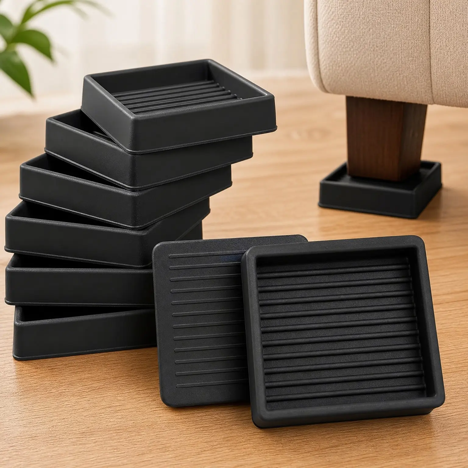 Non-Slip Furniture Pads 2 Inch 8 PCS, Square Black Rubber Feet for Couch & Bed to Prevent SlidingGift
