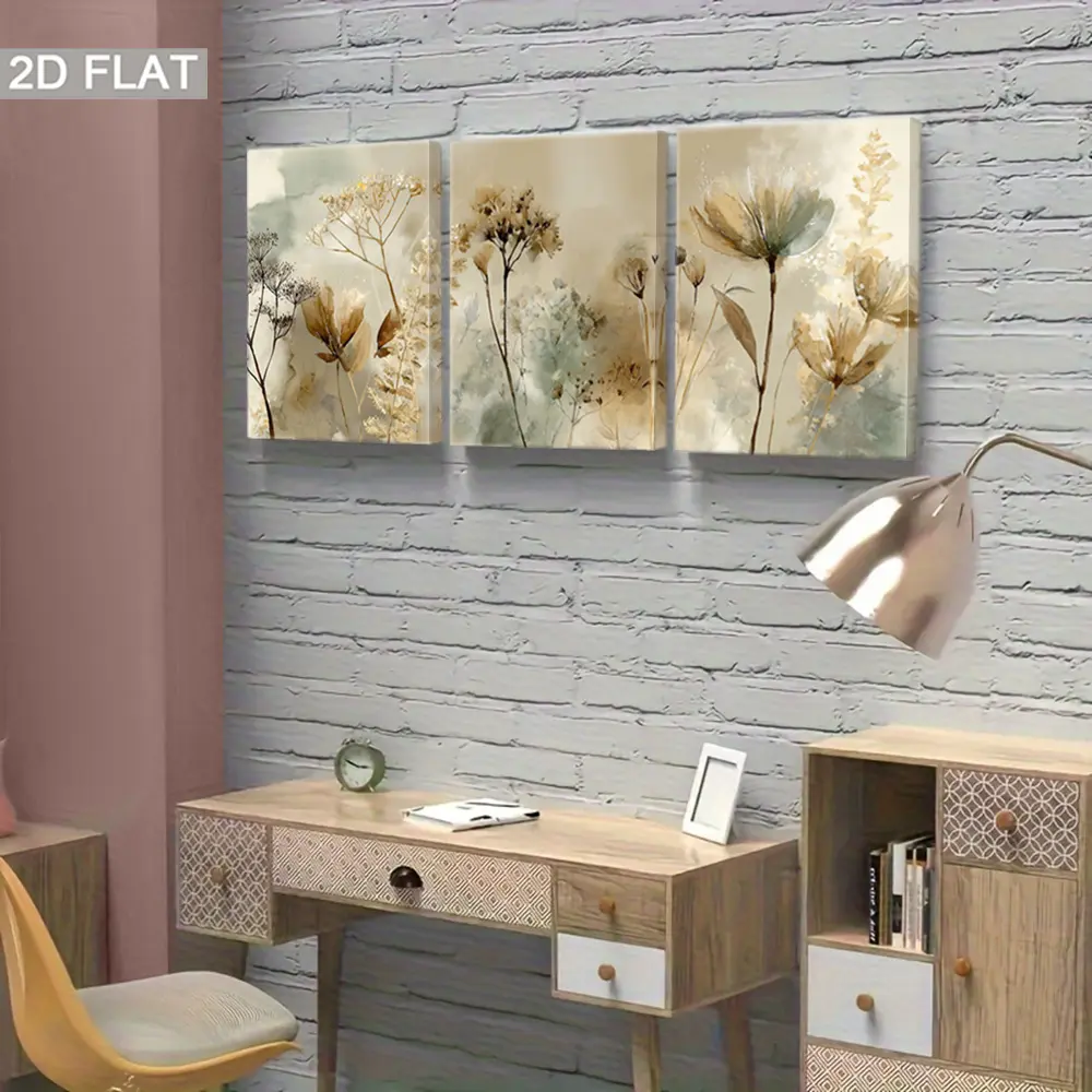 2D Flat, 3pcs Framed Botanical Watercolor Prints - Vertical Floral Canvas Paintings in Earthy Tones (,), Modern Muted hues Suitable for Living Room, Bedroom, Kitchen Decor - / Vertical Hanging, Holiday Gift, 2D Flat