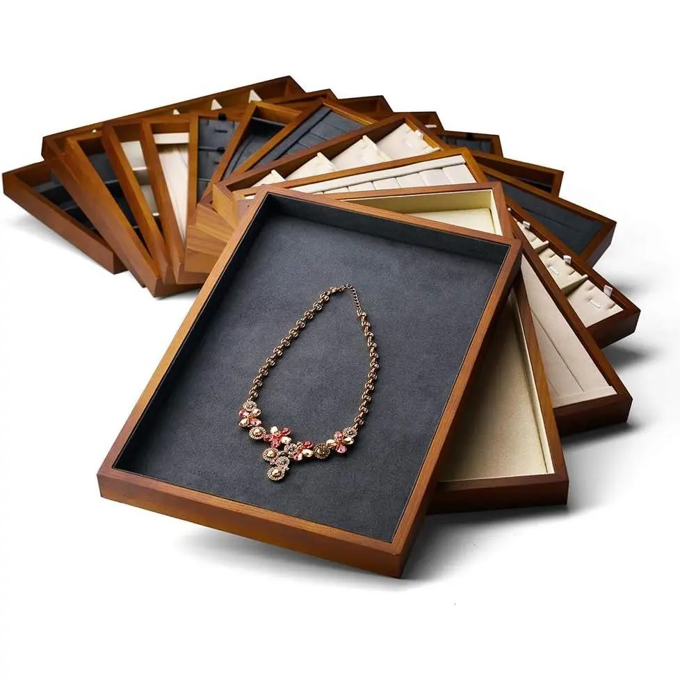 Wood Flat Jewelry Tray Stackable Jewelry Drawer Organizer Showcase Jewelry Holder (Creamy-white flat tray)