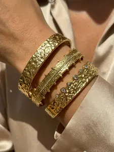 3-Piece Set Textured Drilled Bangle Bracelets, Hypoallergenic Stainless Steel Open Cuff, Trendy Instagram Accessory