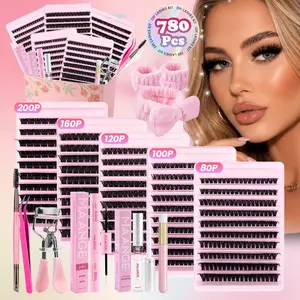 MAANGE 780pcs DIY Eyelash Clusters Extension Kit, Complete Home Lash Set with Bond & Seal, Remover, Tweezers, Curler, Makeup Brushes & Skincare Hair Accessories, Long-Lasting Wispy Lashes for Beginners Daily & Party Makeup