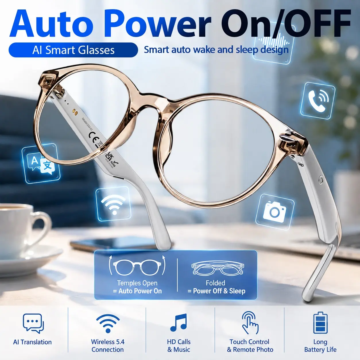 Koipsse Smart glasses, Wireless Audio Glasses with AI translation, BT Calling, Open-Ear Audio, Music Playback, Voice Assistant, Auto Power On/Off, Plastic Frame UV Protection Lens sunglasses for Commuters to Business, Travel, Work Gift Recommendation