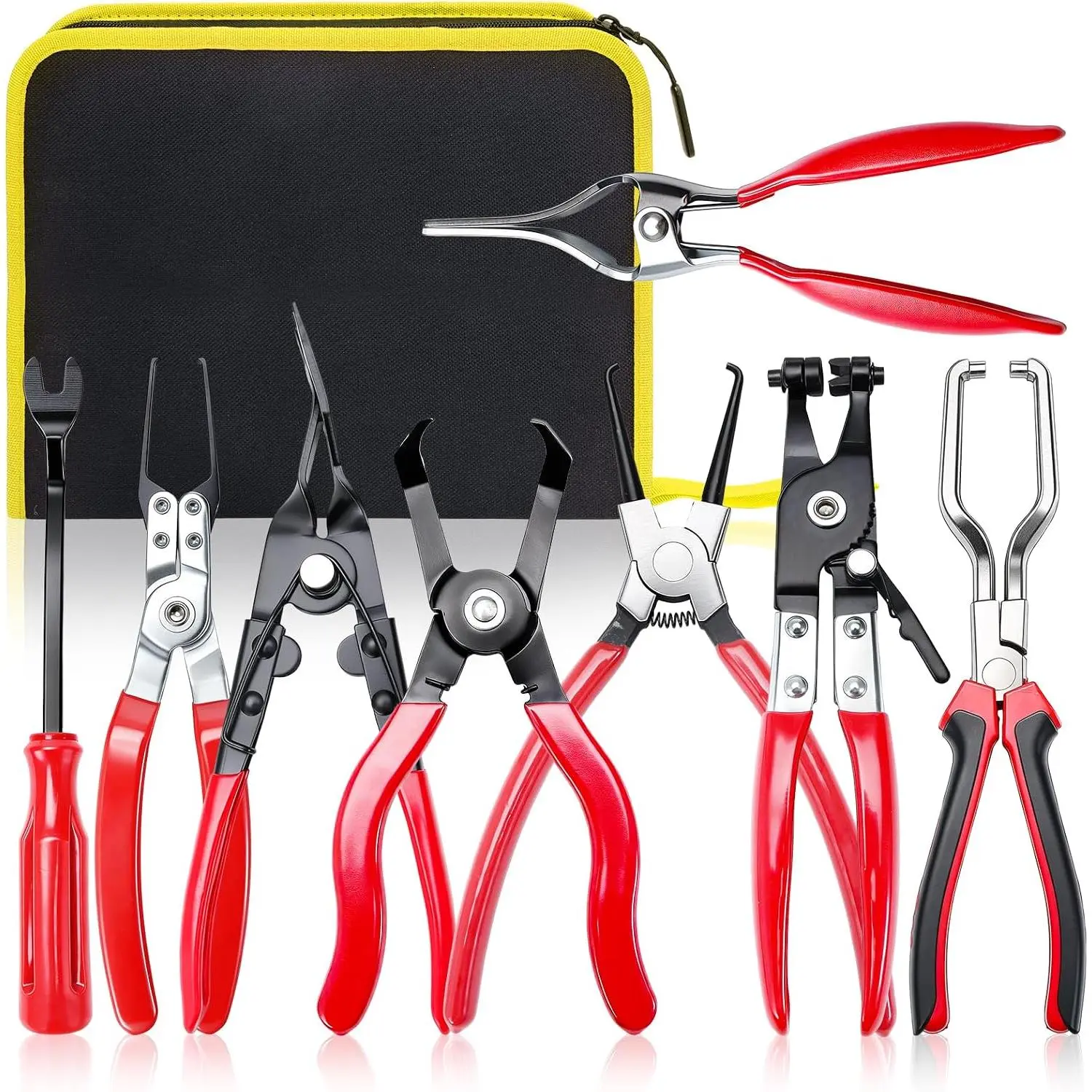 8-Pieces Steel Pliers Set with Anti-Slip Grip - Hose Clamp Pliers, Electrical Disconnect, Connector Release, Push Pin Retainer Clip, Relay Puller for Auto Hose Removal, Compact Storage Bag Included, Spring Mechanism