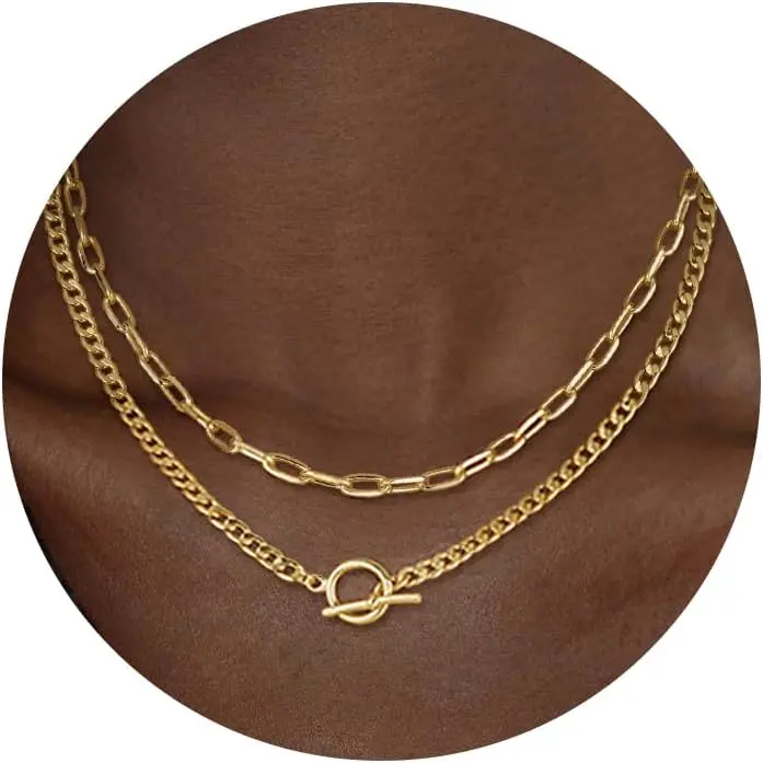 Layered Necklaces for Women, 14K Gold Plated Chain Necklace Women Trendy Cuban Link Paperclip Chain Toggle Clasp Necklace Fashion Chunky Jewelry for Women