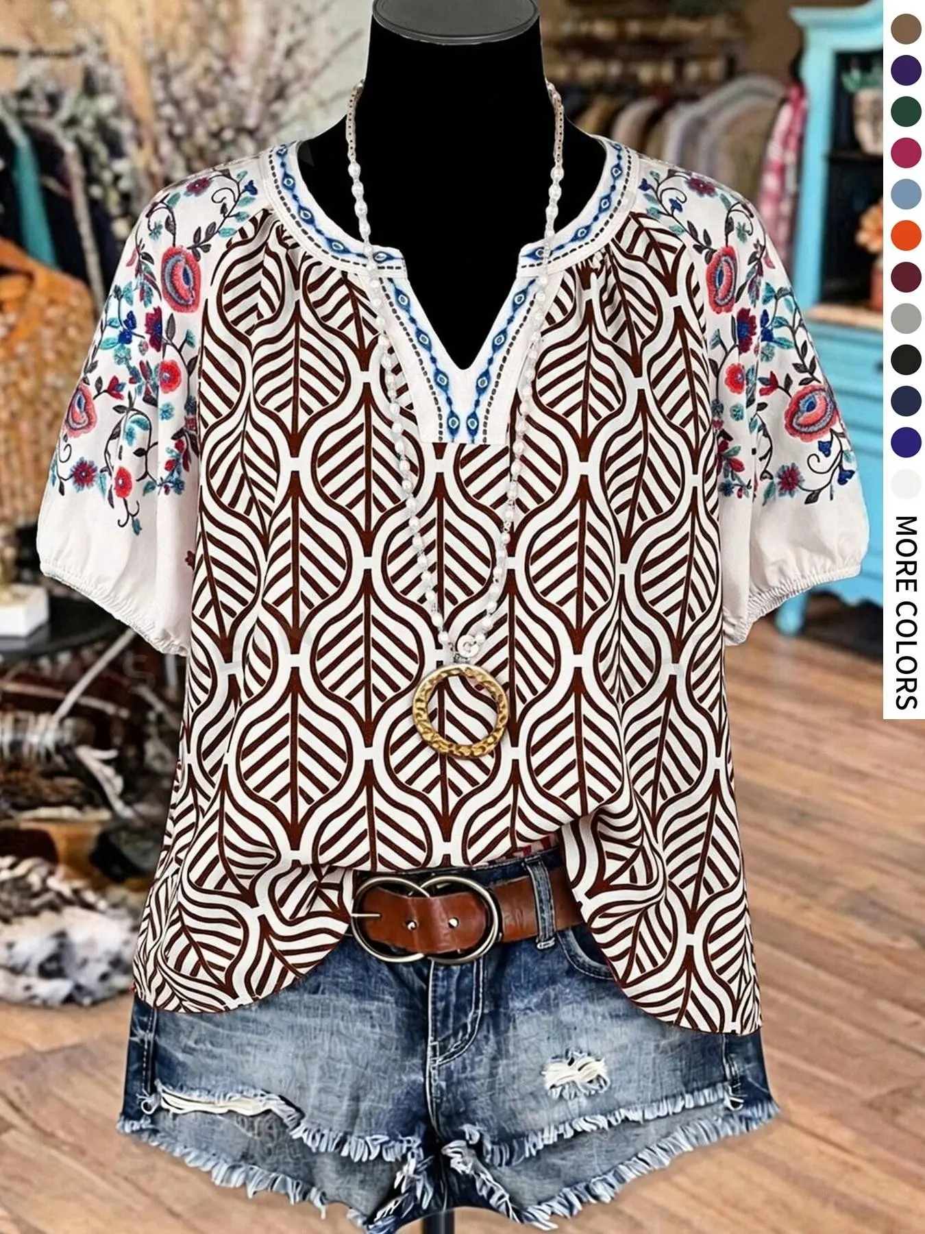 Plus Size Women's Printed V-Neck Short Sleeve Boho Blouse, Comfortable Loose Fit, Elegant Plant Design, Ideal for Daily Wear and Vacation