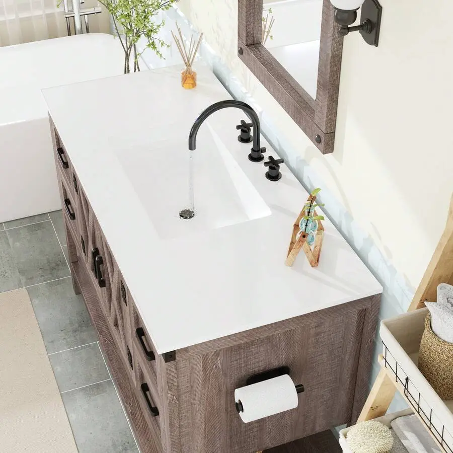 Farmhouse Bathroom Vanity With Sink Combo, Freestanding Single Wood Vanity Cabinet With Barn Door, Drawers And Open Shelf Storage